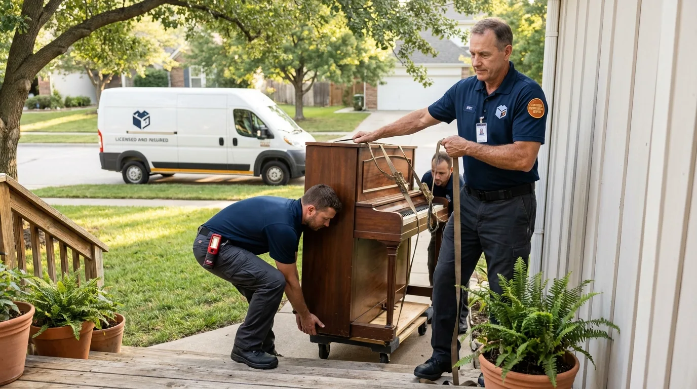 Licensed piano movers securing grand piano in Hoxie, KS