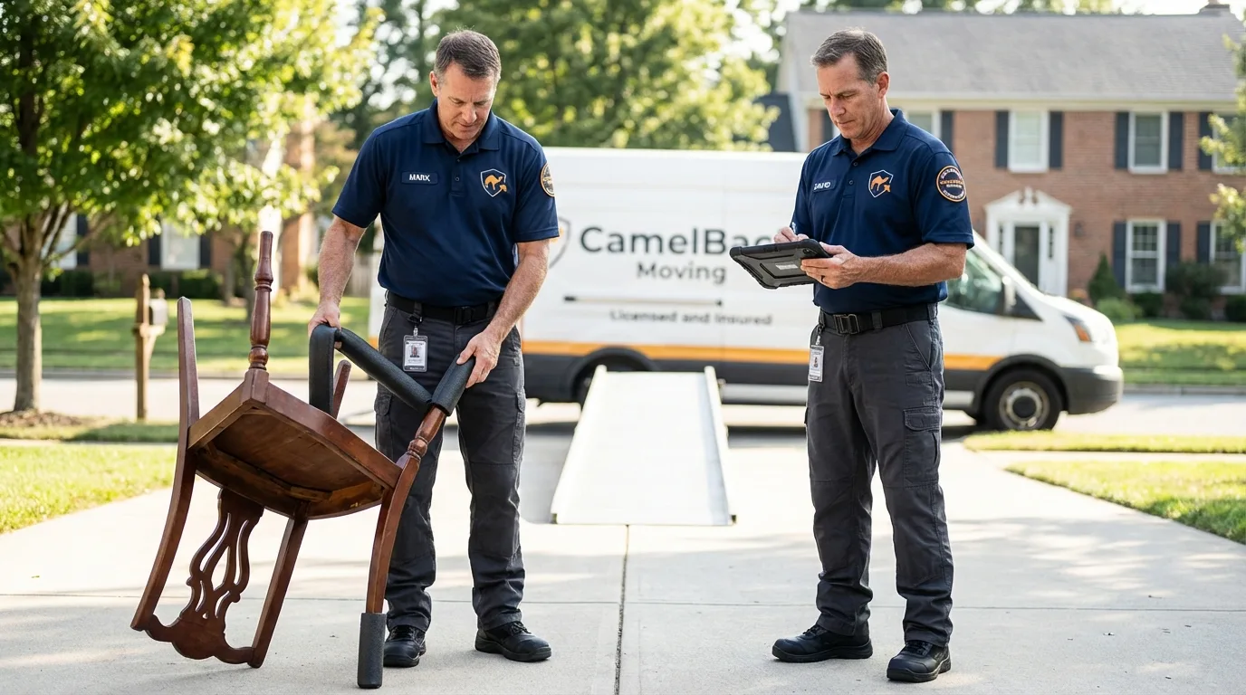 Movers inspecting furniture for damage prevention before loading in Hoxie, KS