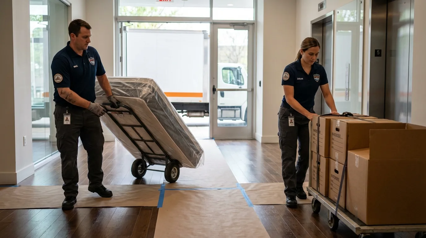 Professional apartment movers loading elevator in Hoxie, KS