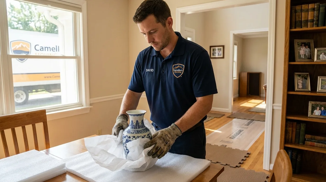 Professional crew carefully wrapping antique vase for senior downsizing move in Hoxie, KS
