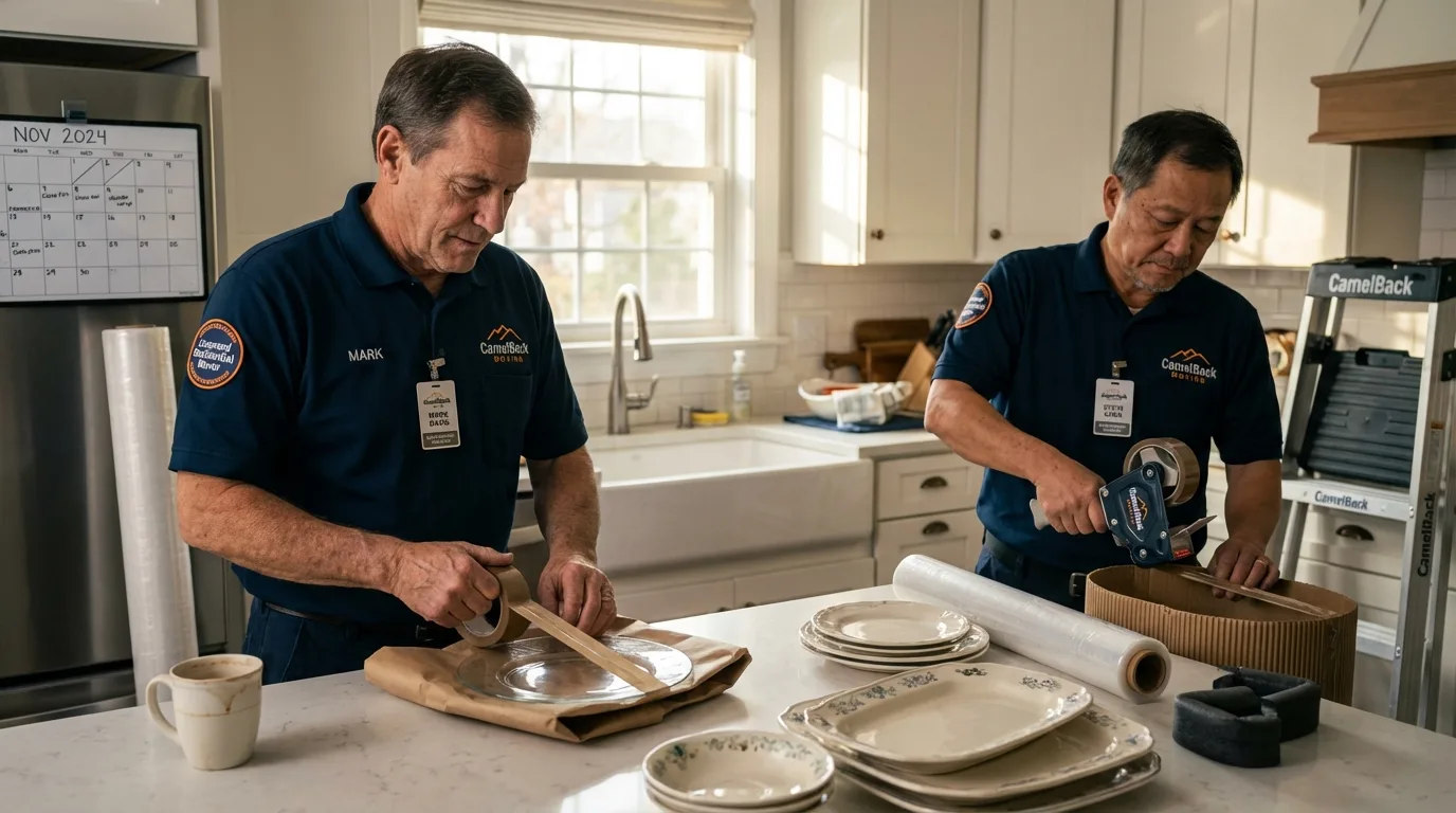 Professional crew packing kitchen dishware in Hoxie, KS